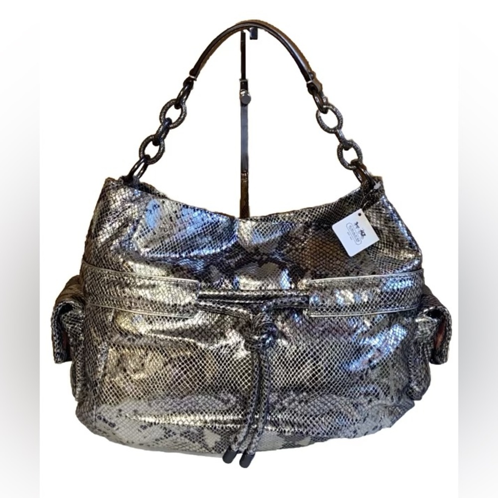 NWT Coach Kristin Lyd Ed Gray Leather Python Printed Drawstring Hobo Bag
